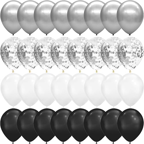 100 globos metálicos cromados, 12 pulgadas, negro, blanco y plateado con confeti para bodas, compromisos, decoraciones de fiesta negra, cumpleaños
