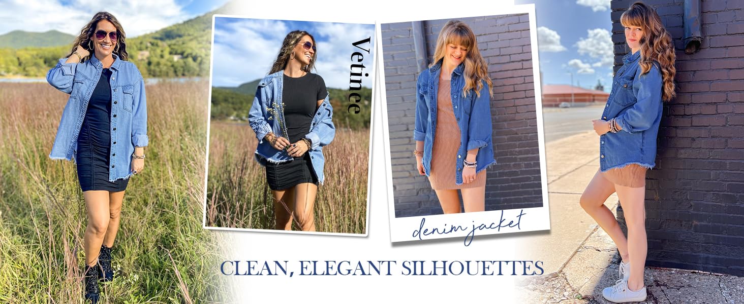 Generisch Women's Oversized Button Up Frayed Hem Shacket Casual Long Sleeve Button Down Boyfriend Jean Jacket With Pocket