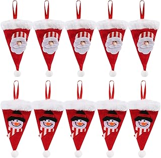 Kesote 10 Copri Posate di Natale Porta Posate a Forma di Cappello di Natale Copriposate con Disegno di Babbo Natale e Pupazzo di Neve, 17 x 10 CM
