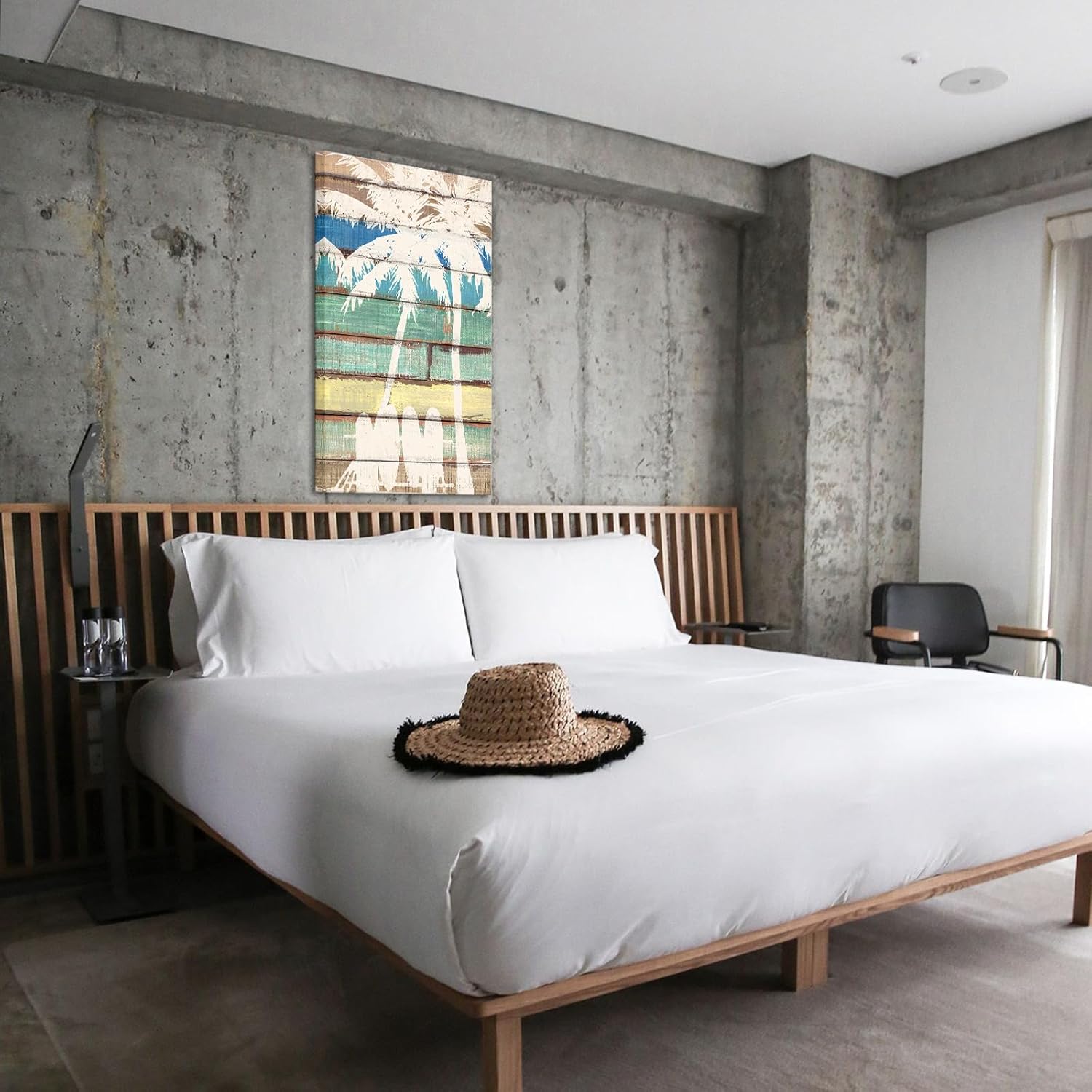 KREATIVE ARTS Canvas Print Wall Art Tropical Palm Tree Island on Wood Panels Nature Wilderness Surfboard Beach Painting Coastal Picture Digital Art Realism Chic for Living Room 20x40 Inches