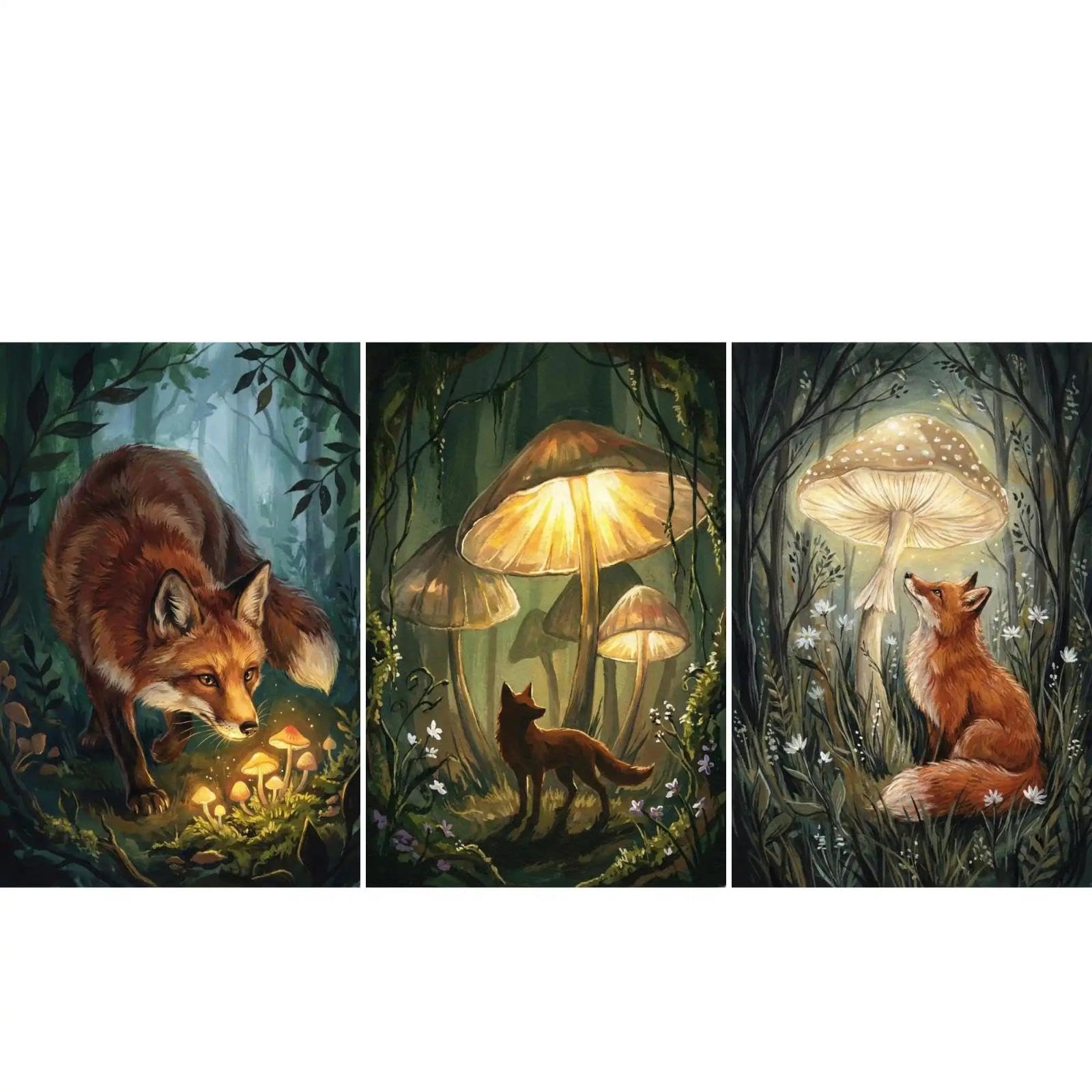 Baibexing Fox Wall Art Set Of 3 Enchanted Forest Nursery Decor Glowing Mushroom Whimsical Woodland Art Cottagecore Fox Print Wall Art 50X70Cmx3Pcs Unframed