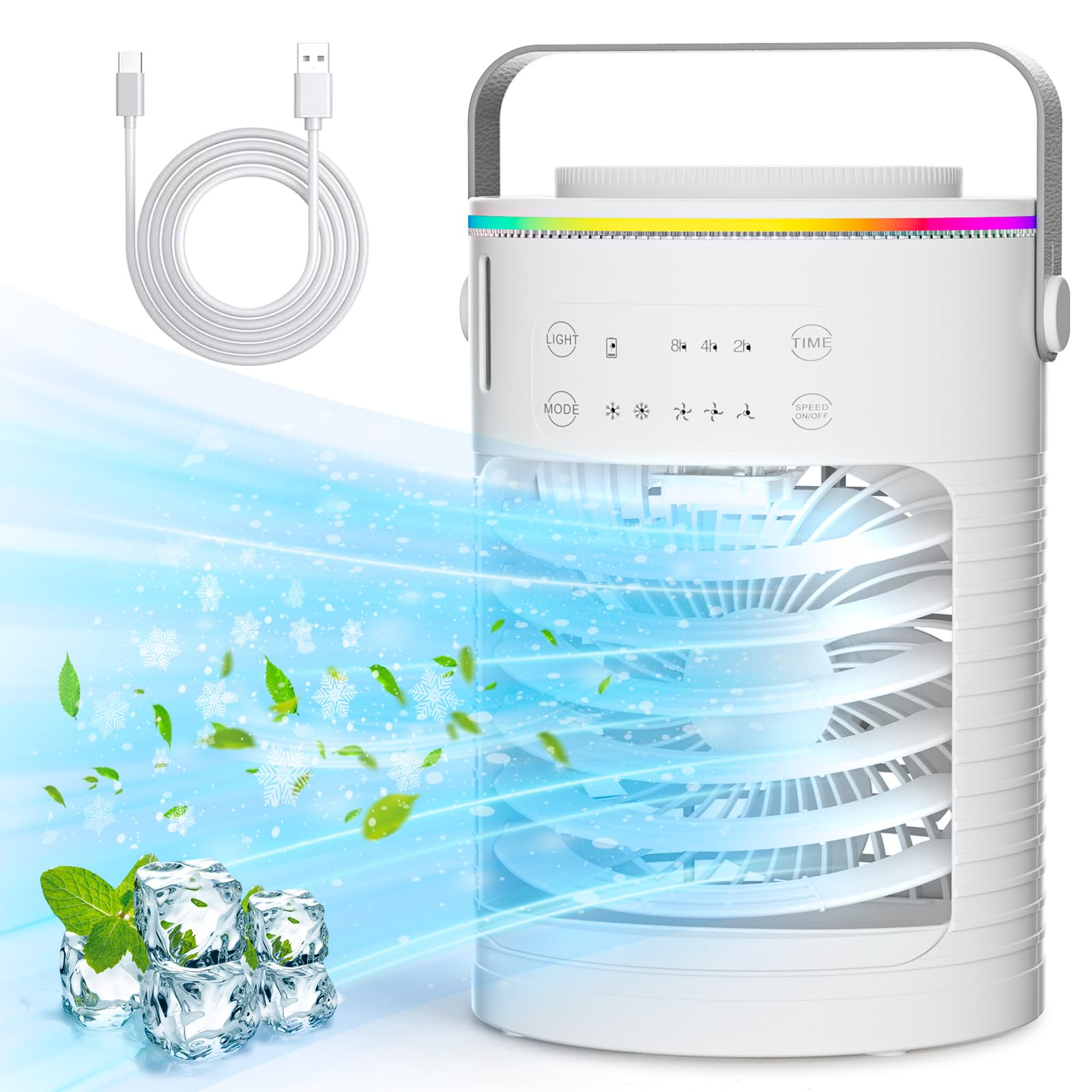 Photo 1 of Portable Air Conditioners, 3 Speeds Rechargeable Evaporative Air Cooler With 5000 mAh Batterie, 7-Color LED Light, 2 Cool Mist & 2-8H Timer, Personal Cooling Fan Air Conditioner for Room Car Office