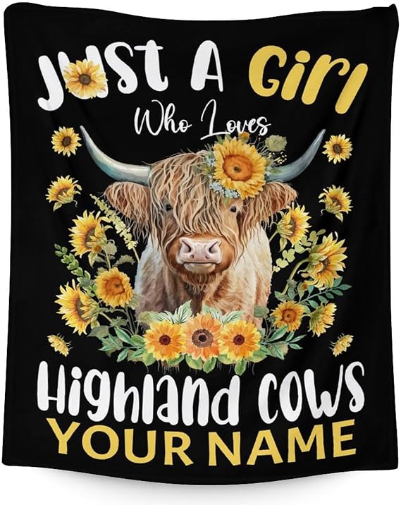 Personalized Highland Cow Blanket Gifts with Name - 30x40 Inches Cute Throw Blanket for Girls - Black Soft Fuzzy Blankets for Couch & Office