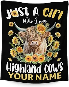 Personalized Highland Cow Blanket Gifts with Name - 30x40 Inches Cute Throw Blanket for Girls - Black Soft Fuzzy Blankets for Couch & Office