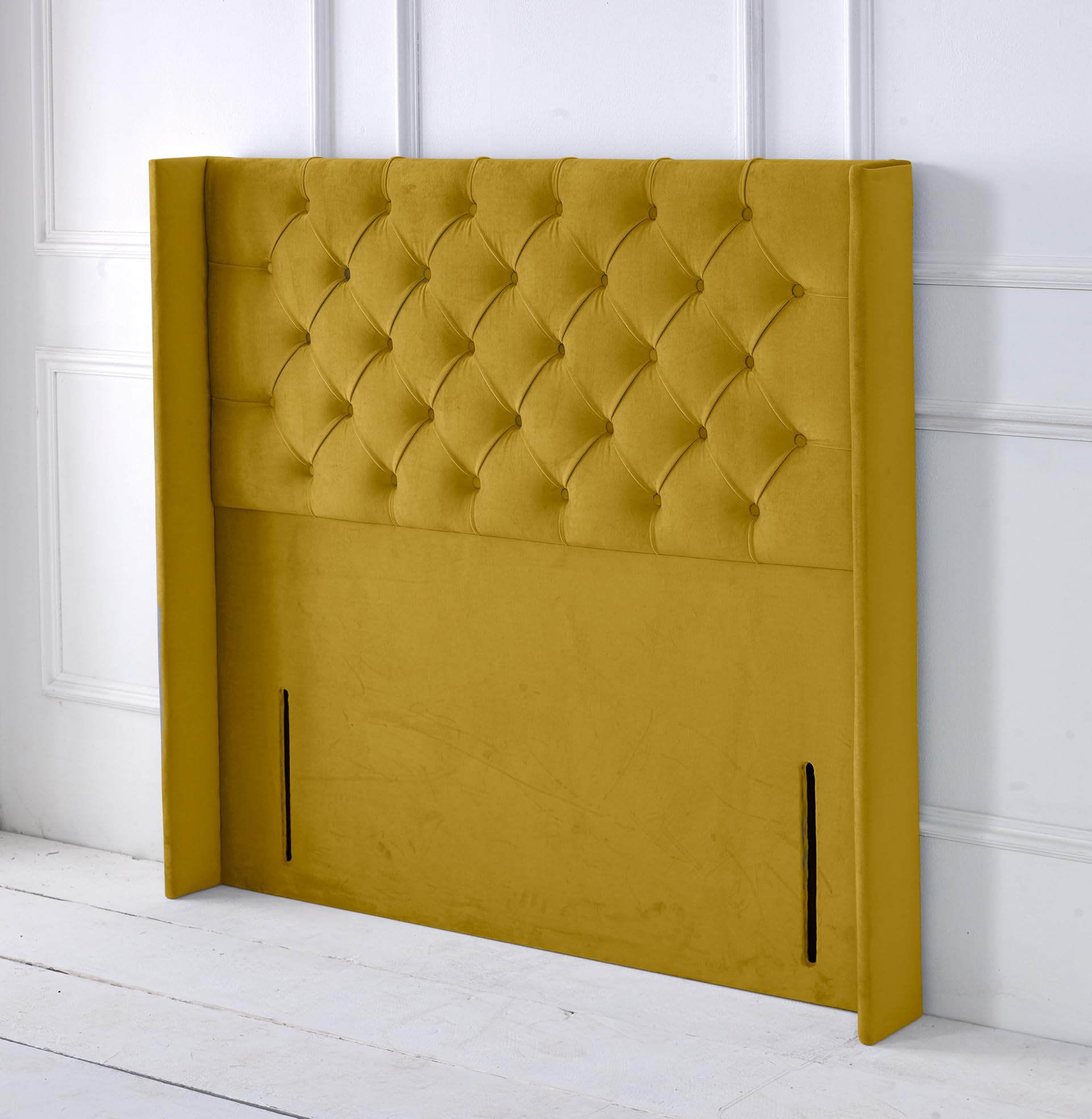 Chesterfield Ottoman Winged Divan Bed Headboard | Plush Velvet Headboards for 5ft King Size Bed Frame | Elegant design with wooden material headboards for beds (Tumeric, 5ft King Height-50inch)
