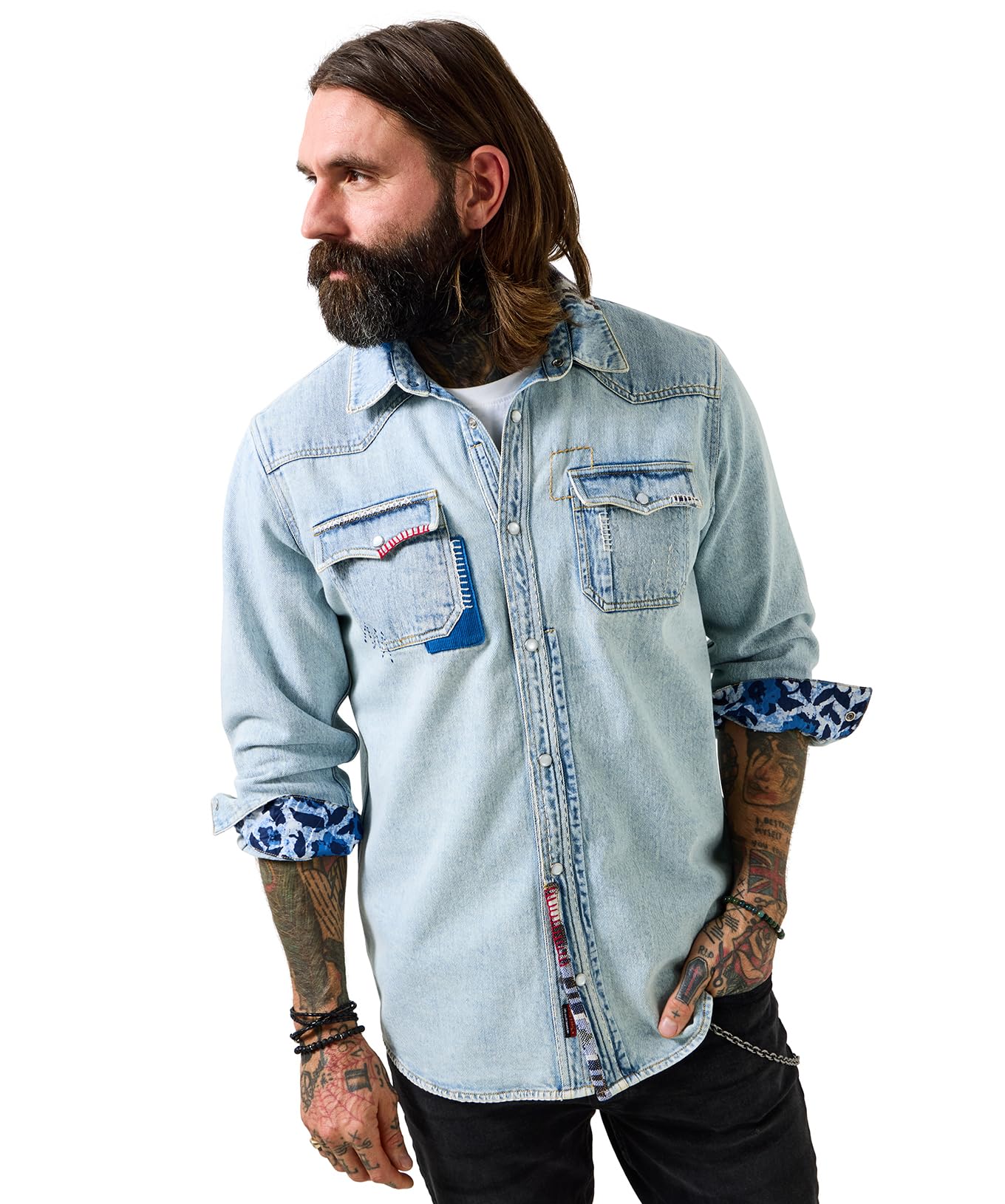 Joe Browns Mens Western-Inspired Customised Denim Shirt, Light Wash, 3XL UK