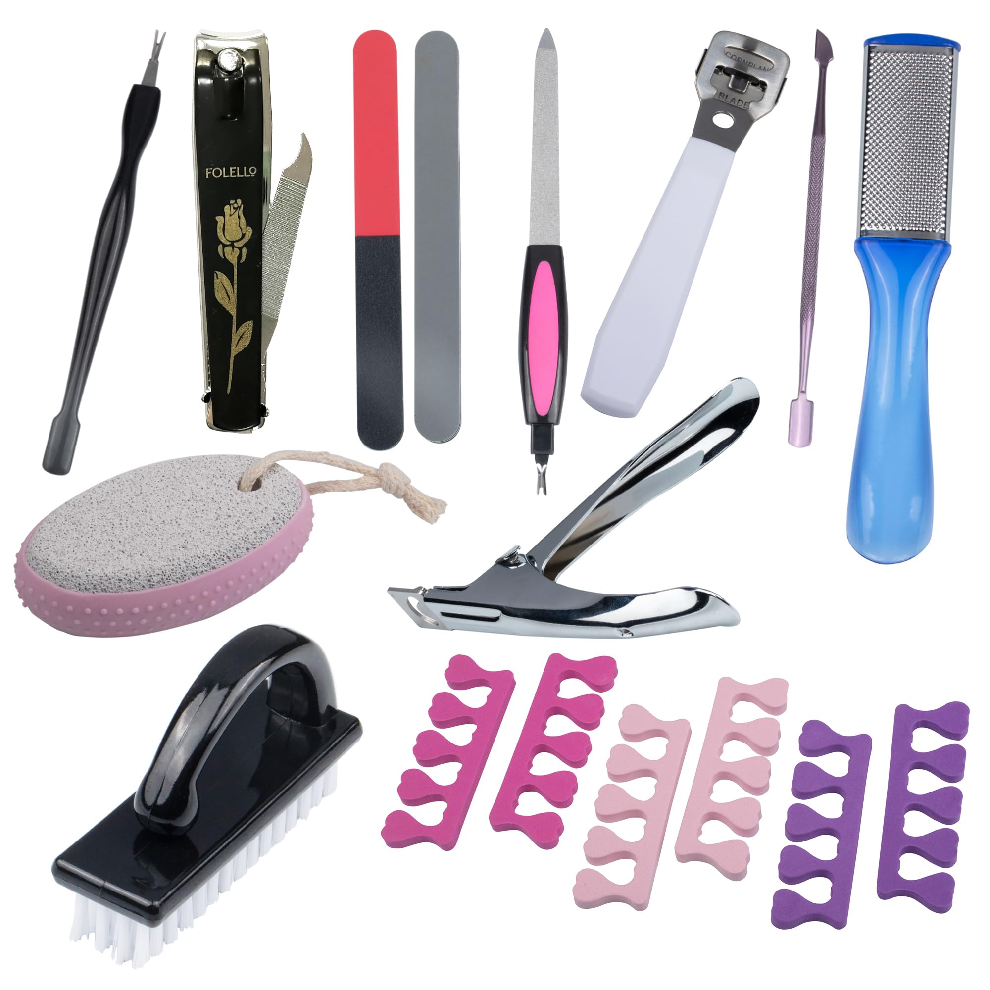 FOLELLO Manicure Pedicure Kit(11 Pieces)-Nail Clipper, Nail Tip Cutter, Cuticle Remover, Spoon Nail Cleaner, Pedicure Brush, Nail Buffer, Set Toe Separator, Foot scrubber, Callus Remover, Pumice Stone