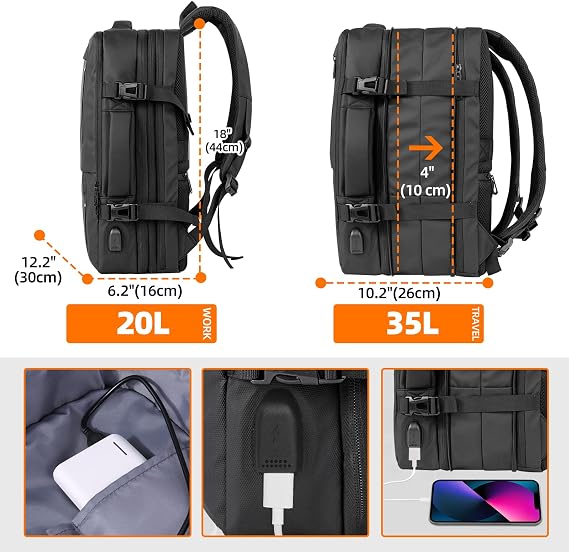 KINGSLONG Handgepäck Reiserucksack 35L Laptop Herren Rucksack 17 Zoll Business Backpack Wasserdicht Erweiterbar Diebstahlsicher mit USB Ladeanschluss Flug Genehmigt Kabinenrucksack Reise Schwarz