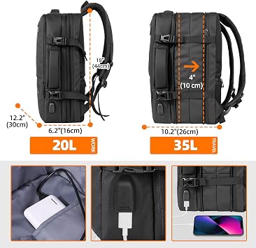 KINGSLONG Handgepäck Reiserucksack 35L Laptop Herren Rucksack 17 Zoll Business Backpack Wasserdicht Erweiterbar Diebstahlsicher mit USB Ladeanschluss Flug Genehmigt Kabinenrucksack Reise Schwarz