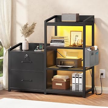 SEDETA 35.4 File Cabinet, Filing Cabinet fits Letter/A4 Size, 2 Drawe File Cabinets for Home Office with Power Strip, LED Lights, Lock, Open Shelf, Black