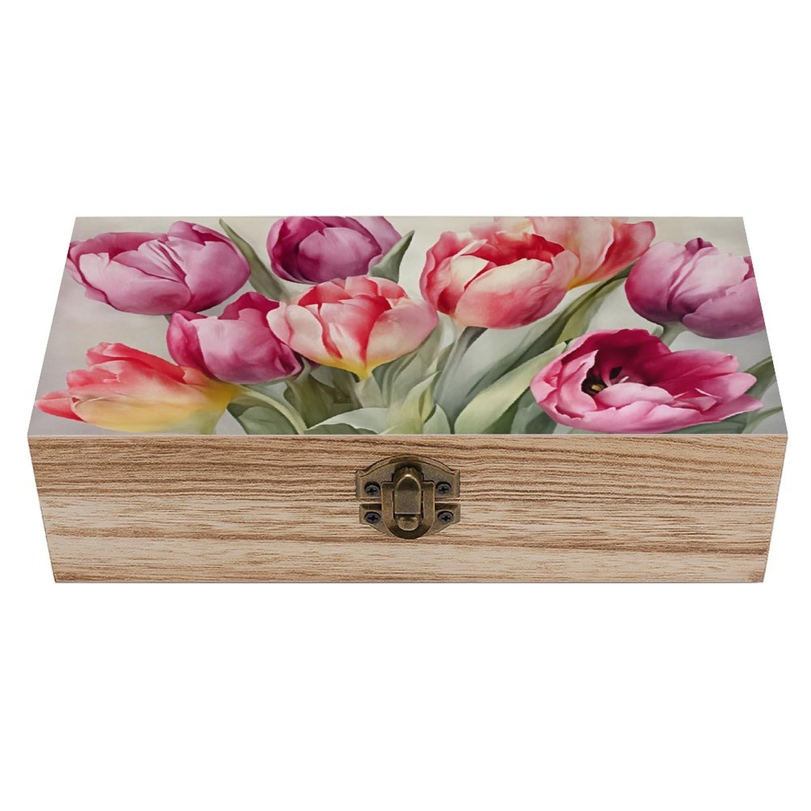 HLBSDM Pink Tulips Watercolor Floral Vintage Wooden Keepsake Box with Hinged Lid And Locking Clasp, Decorative Storage Box for Jewelry, Trinkets And Small Accessories, Organizer for Home Or Wedding