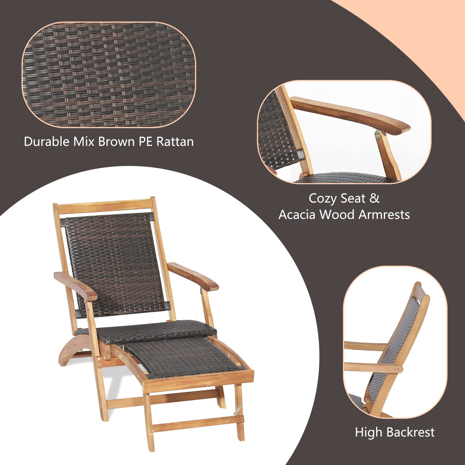 GIANTEX Juego de Tumbonas de Patio, Tumbona Plegable de Exterior de Madera con Mesa Auxiliar, Asiento y Tablero de Ratán con Reposabrazos y Otomana Retráctil para Patio, Piscina