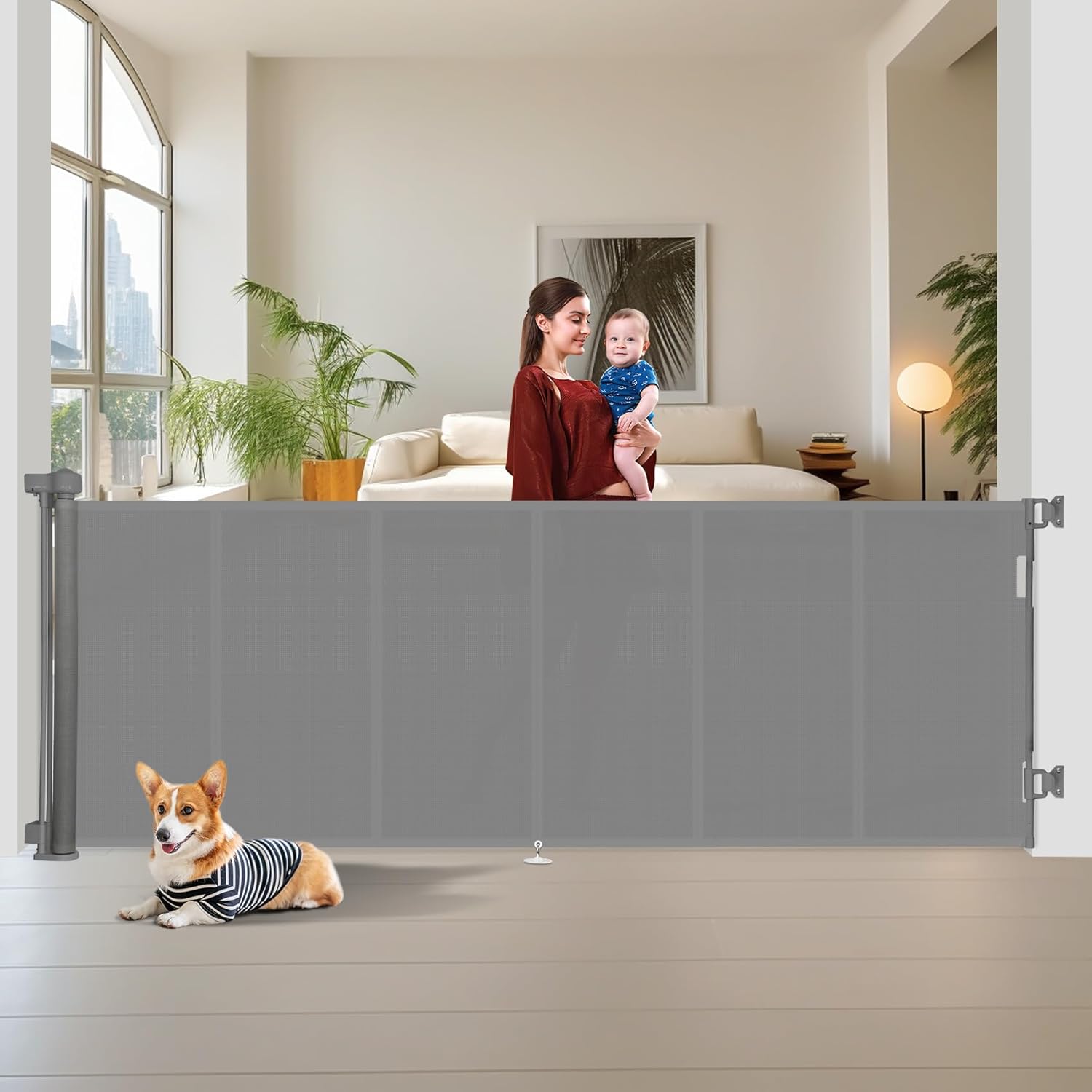 150 inch Retractable Baby Gates 48 inch Tall, Retractable Gate with Reinforced Strip Design to Prevent Crawling Through, 12 FT Extra Wide Retractable Dog Gate for Indoor/Outdoor Gray 48" Tall x 150" Wide