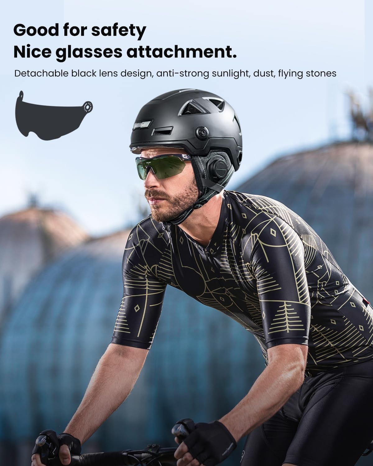 Cyclist wearing ILM helmet with visor and glasses