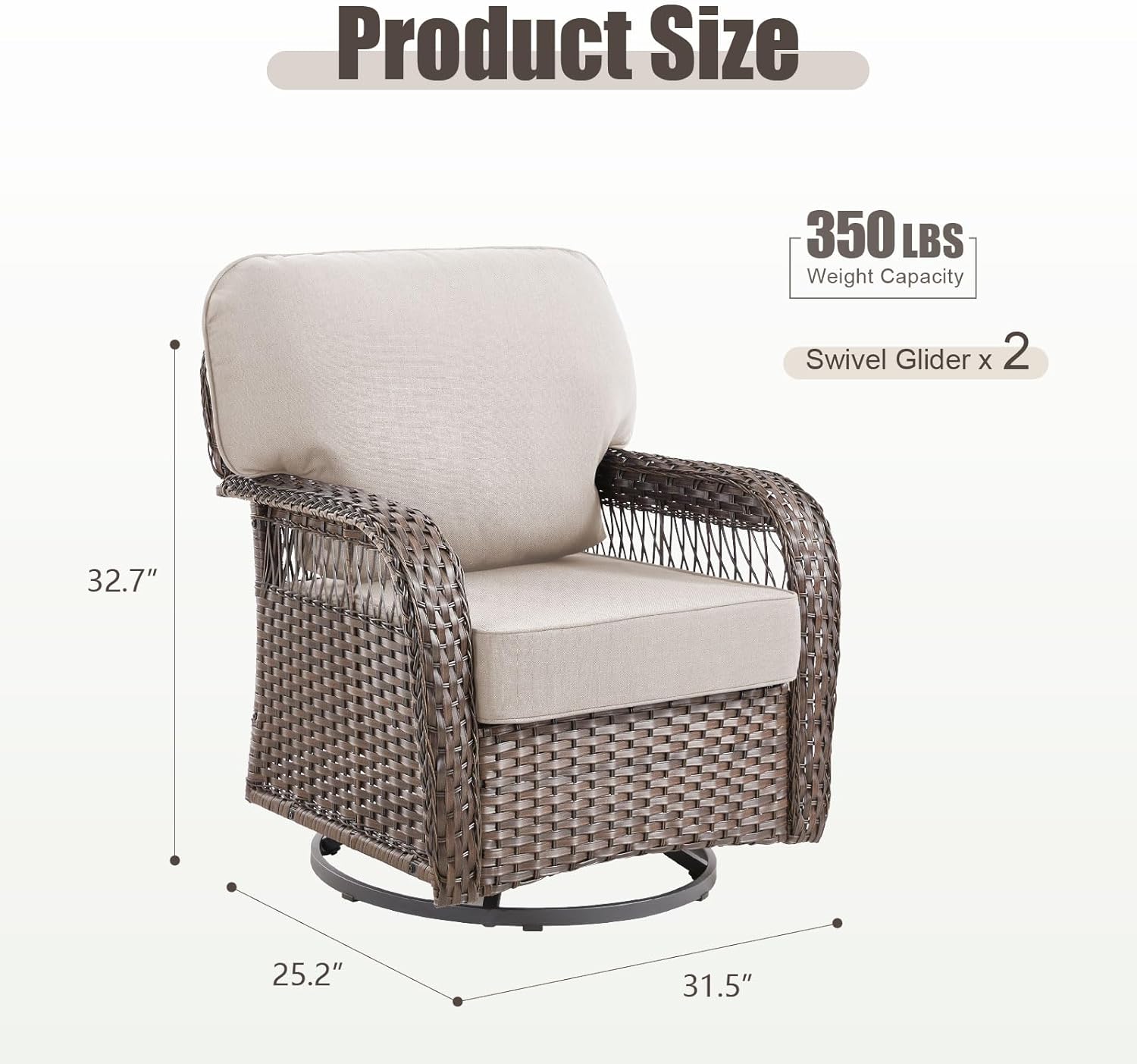 Patio Furniture Sets, 2 PCS Wicker Outdoor Furniture - Patio Swivel Rocking Chairs with All-Weather Olefin Cushions for Garden, Porch, Backyard, Beige/Brown Wicker