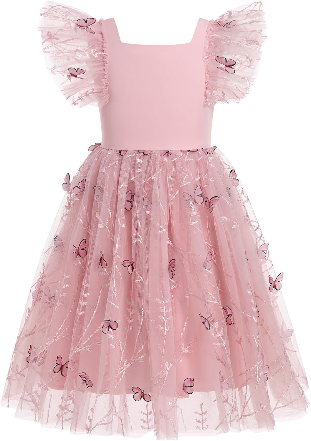 Floral Embroidered Dress for Girls Ruffle Sleeve Formal Birthday Wedding Pageant Party Tulle Dresses