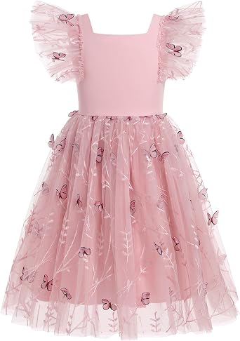 Ruffle Sleeve Embroidery Flower Girl Lace Dress for Kids Wedding Princess Birthday Party Prom Floral Embroidered Tulle Dress