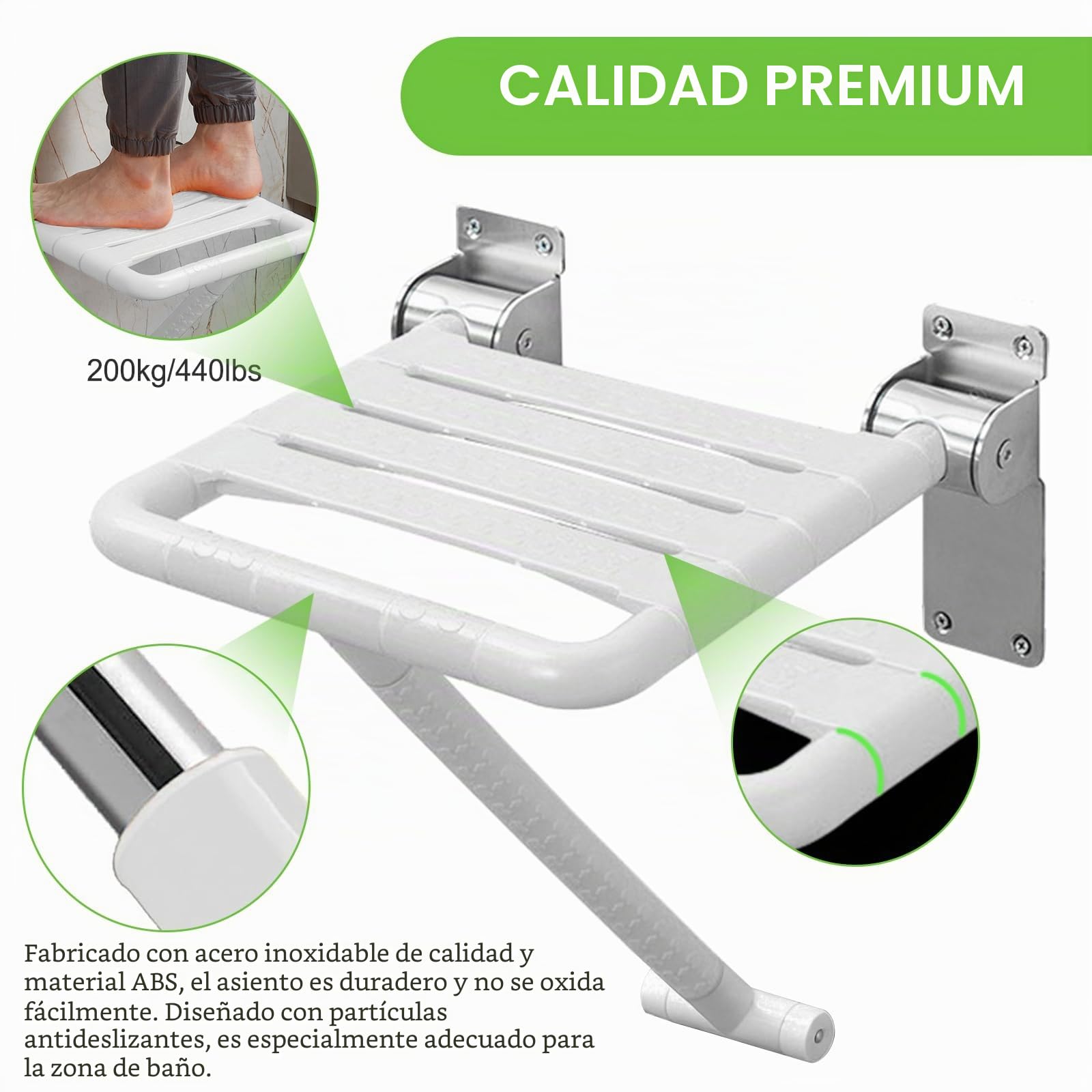 Asiento de ducha plegable montado en pared, con reposabrazos, hasta 200 kg, blanco, acero inoxidable y nailon, BATH_SAFETY_SEATING