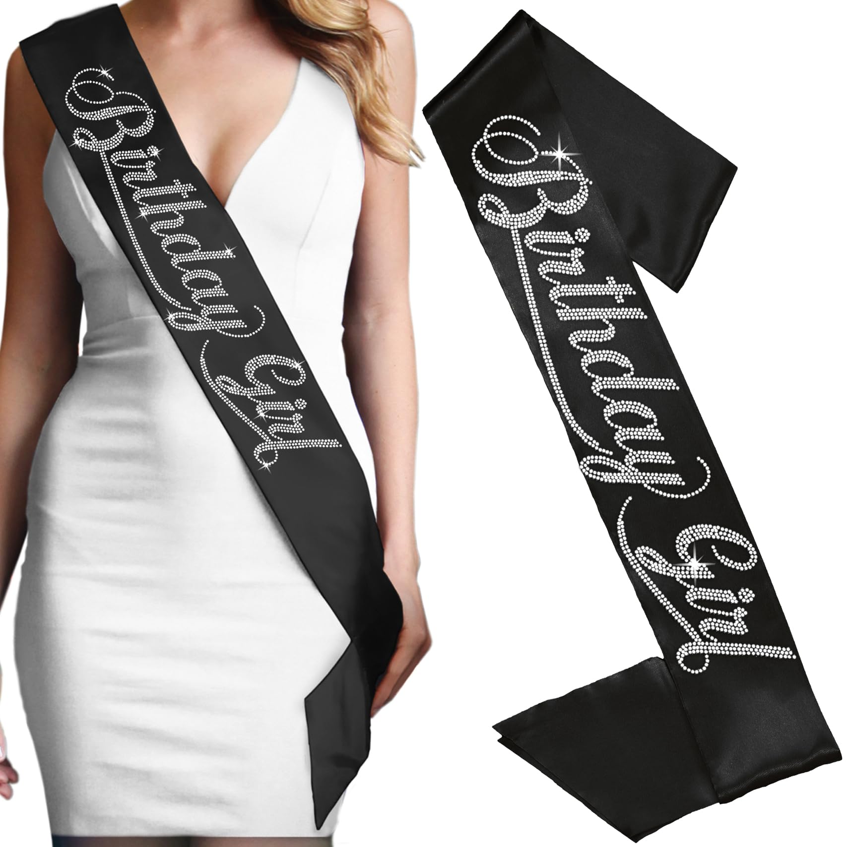 Birthday Girl Rhinestone Birthday Sash - Premium GRADE SATIN & Real CRYSTAL Rhinestone Birthday Party Supplies & Decorations - Black Sash(BdayGrl RS)