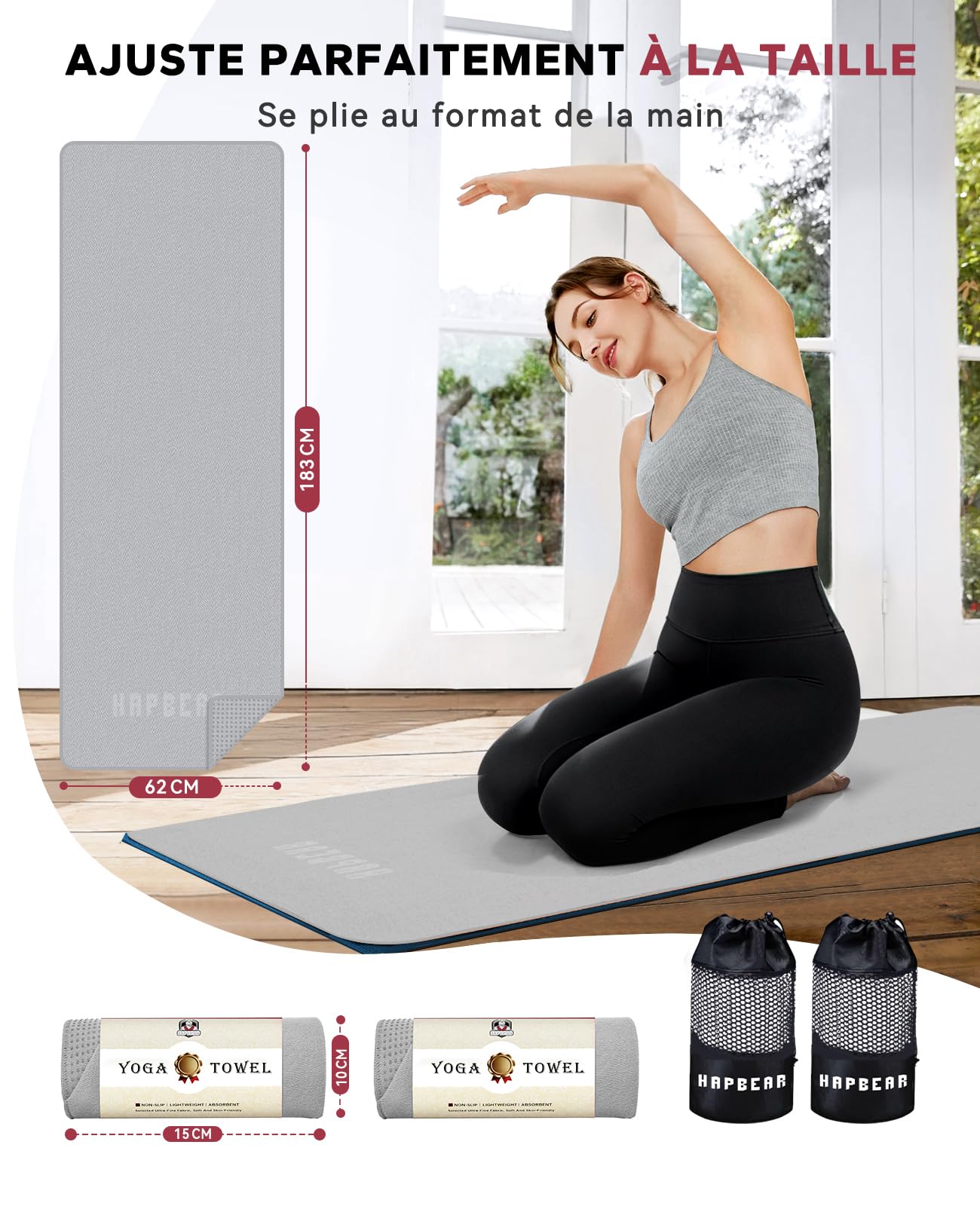 HAPBEAR Lot de 2 Serviettes Yoga 183 x 61 cm,Antidérapantes pour Tapis–Gris | Microfibre avec Picots Silicone,Séchage Rapide,pour Hot Yoga,Pilates,Salle de Sport & Bikram