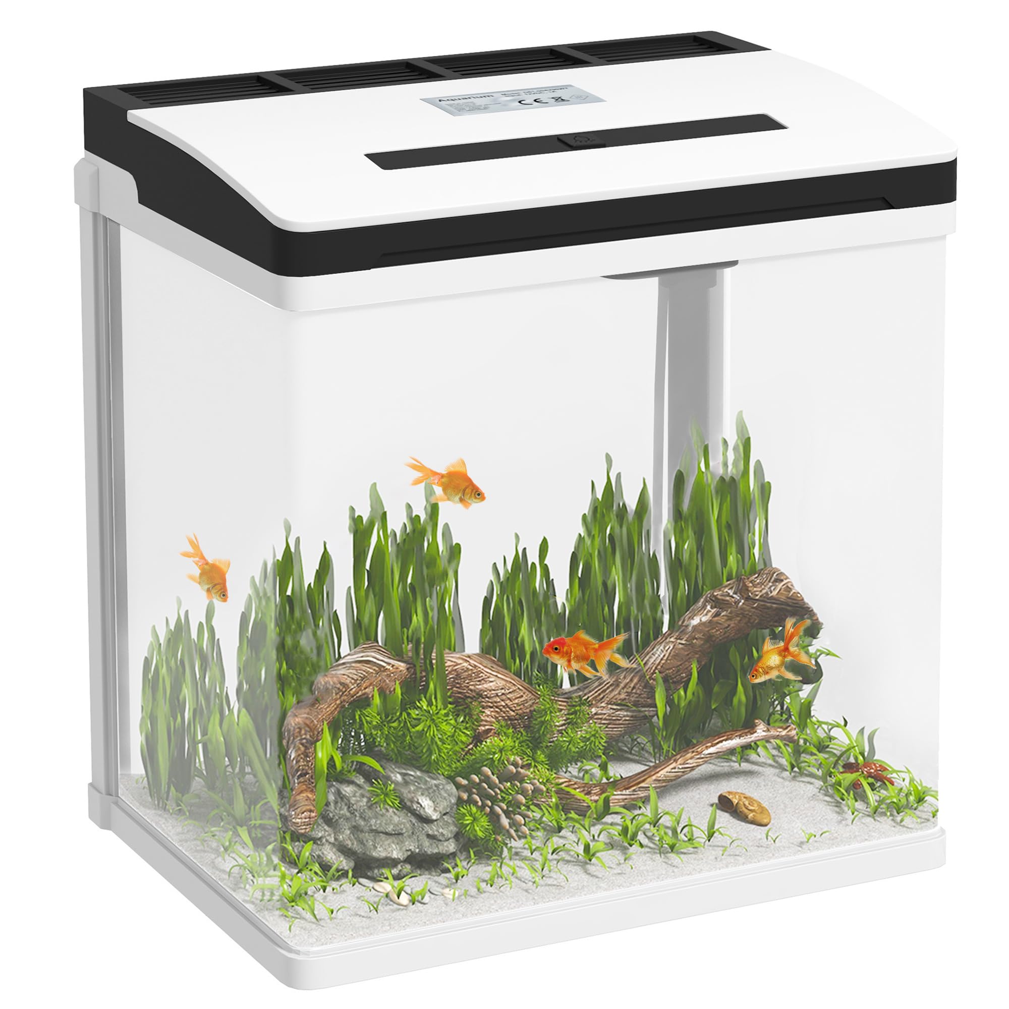 PawHut Acuario de Cristal de 28L Pecera Pequeña con Sistema de Filtro Iluminación LED Bomba de Agua 29x20x30,5 cm Blanco