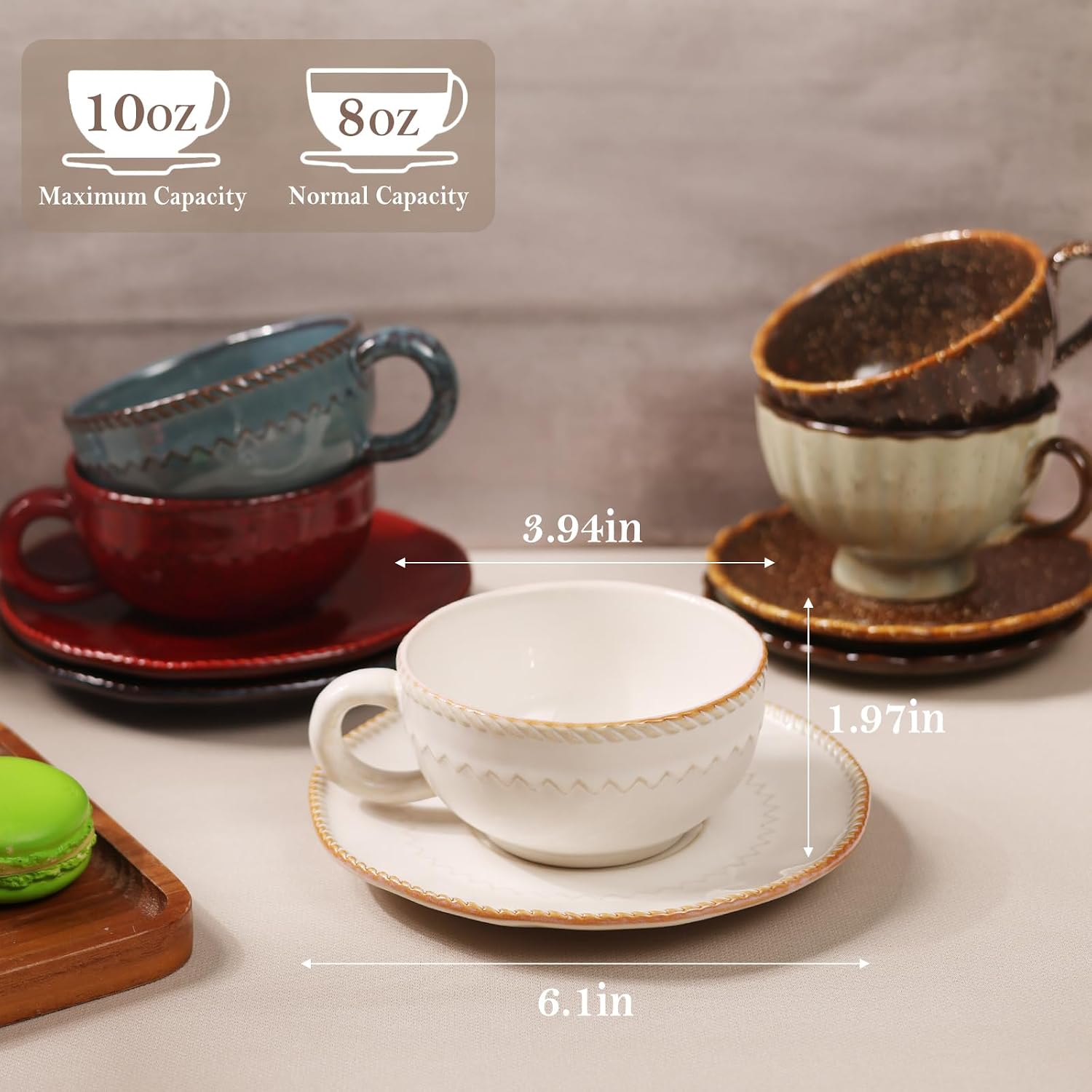 Ceramic Cappuccino Cups, 8 OZ Coffee Cups Mugs with Saucers, Vintage Latte Art Cup For Tea, Espresso, Porcelain Wide Fancy Barista Cup for Kitchen or Cafe (White)