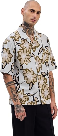 SNITCH Cuban Collar Off White Floral Box Fit Shirt