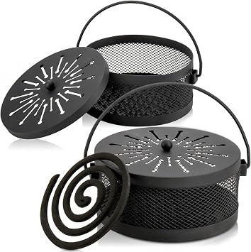 Elsjoy 2 Pack Mosquito Coil Holder with Lid and Handle, Portable Incense Coil Burner Metal Mosquito Incense Holder for Indoor & Outdoor Camping