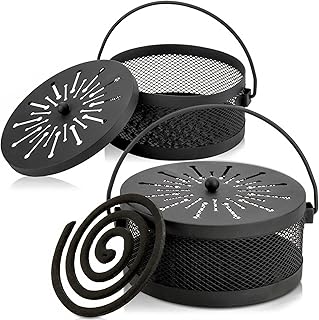 Elsjoy 2 Pack Mosquito Coil Holder with Lid and Handle, Portable Incense Coil Burner Metal Mosquito Incense Holder for Indoor & Outdoor Camping, 5.6" Diameter, Black