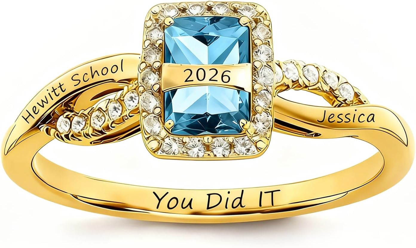 Customized Class Ring for Women 925 Sterling Silver/10K/14K/18K Gold High School College Graduation Ring with Birthstones 2026 Graduation Jewelry for Women 4-15