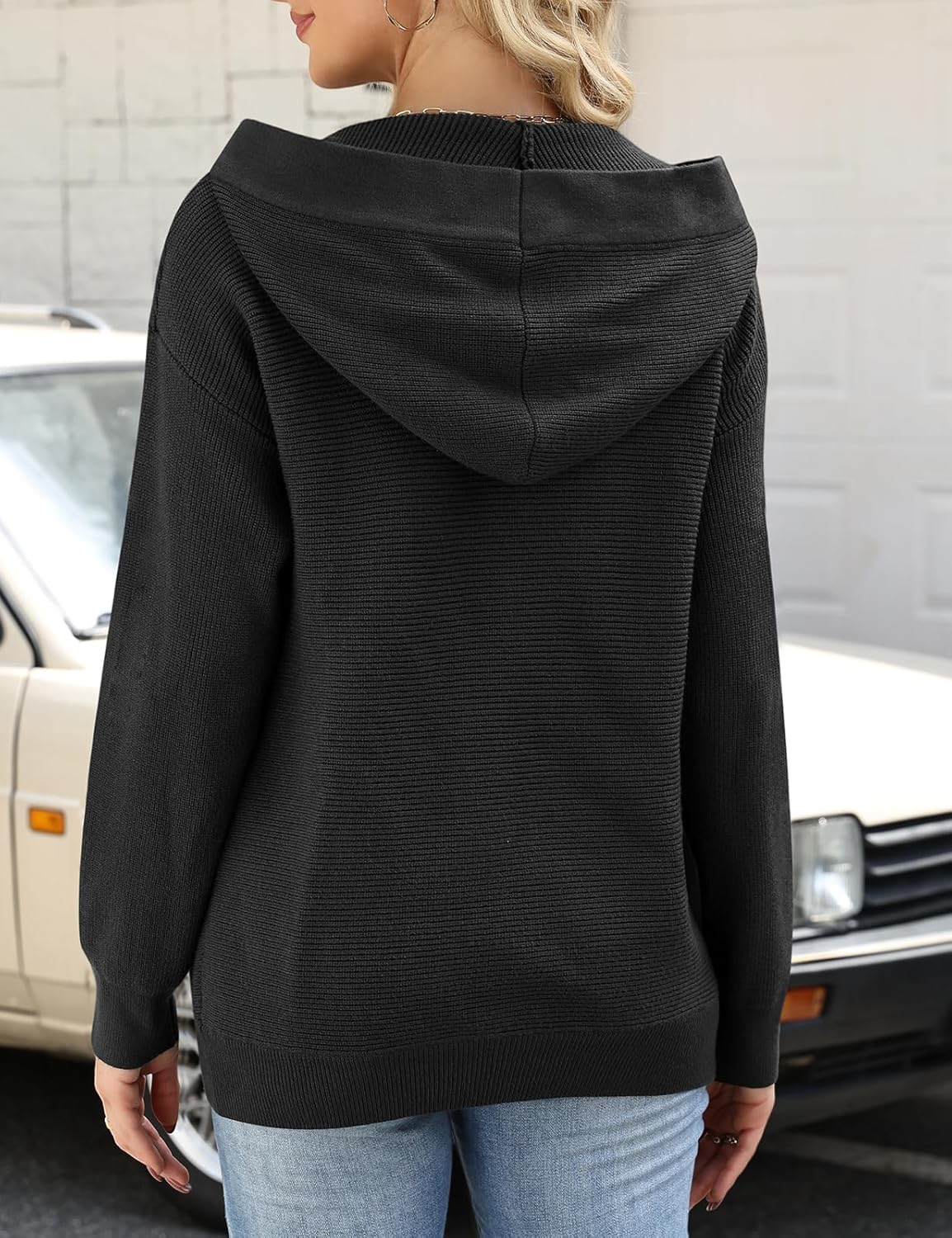 Women Hoodies Sweaters Oversized V Neck Striped Knit Pullover Sweatshirts Hooded Button Long Sleeve Tops with Pocket - Image 2