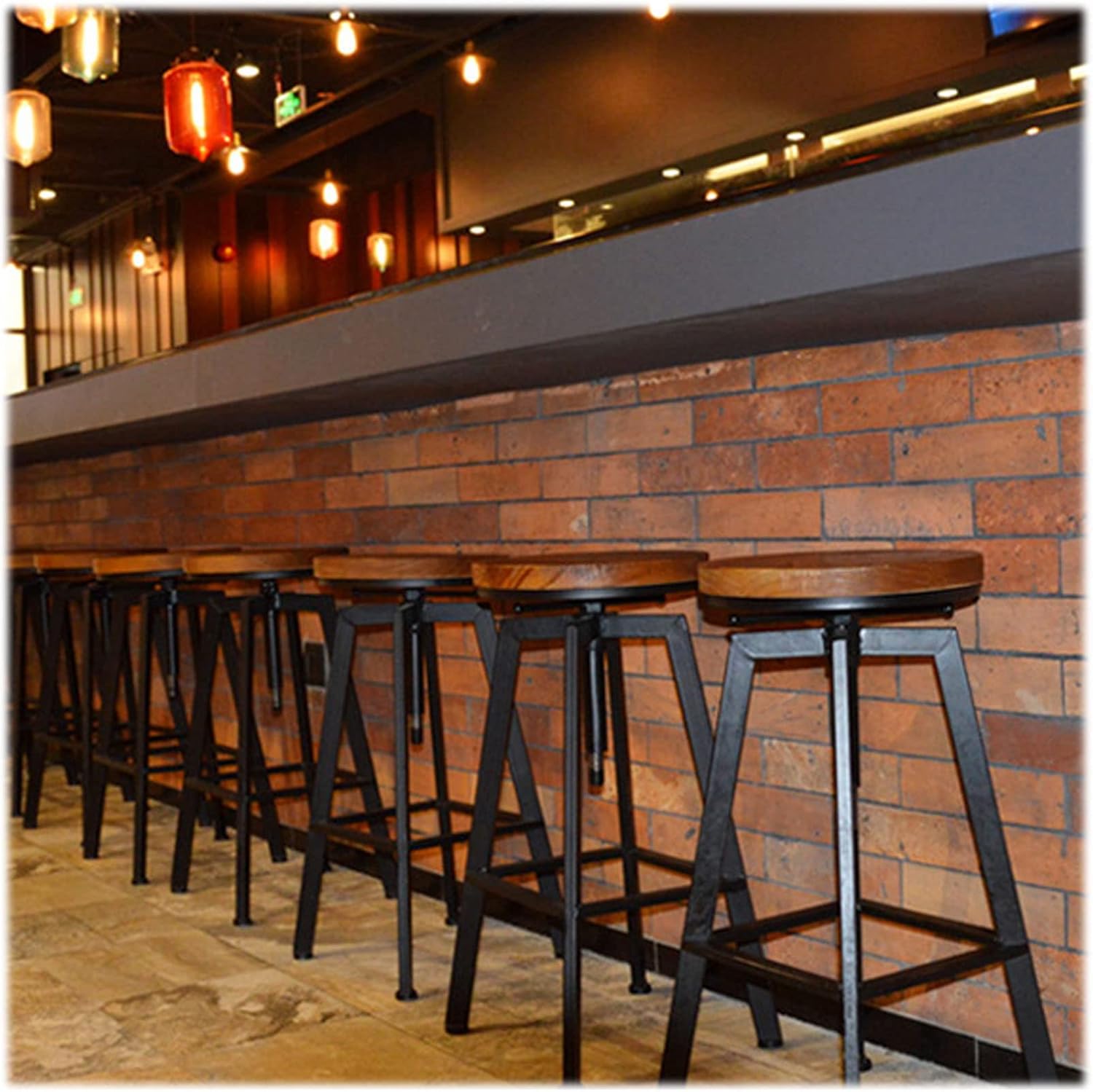 ヴィンテージカウンタースツール インダストリアル ラスティック 360度回転バースツール 調節可能なラウンド木製フットレスト メタル