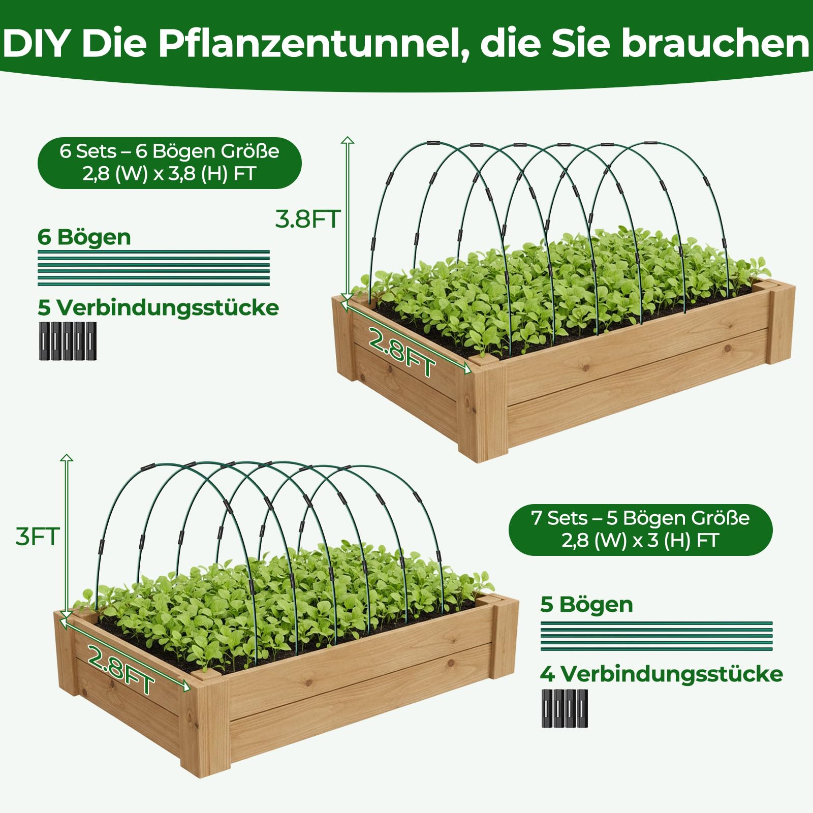 MYMULIKE 60 Stück Folientunnel für Hochbeet, 115 x 85cm Pflanztunnel Bögen, Set aus 12 Glasfaser-Gartenbögen, Gewächshaus Hoops für Gemüse, Blumen, Obst