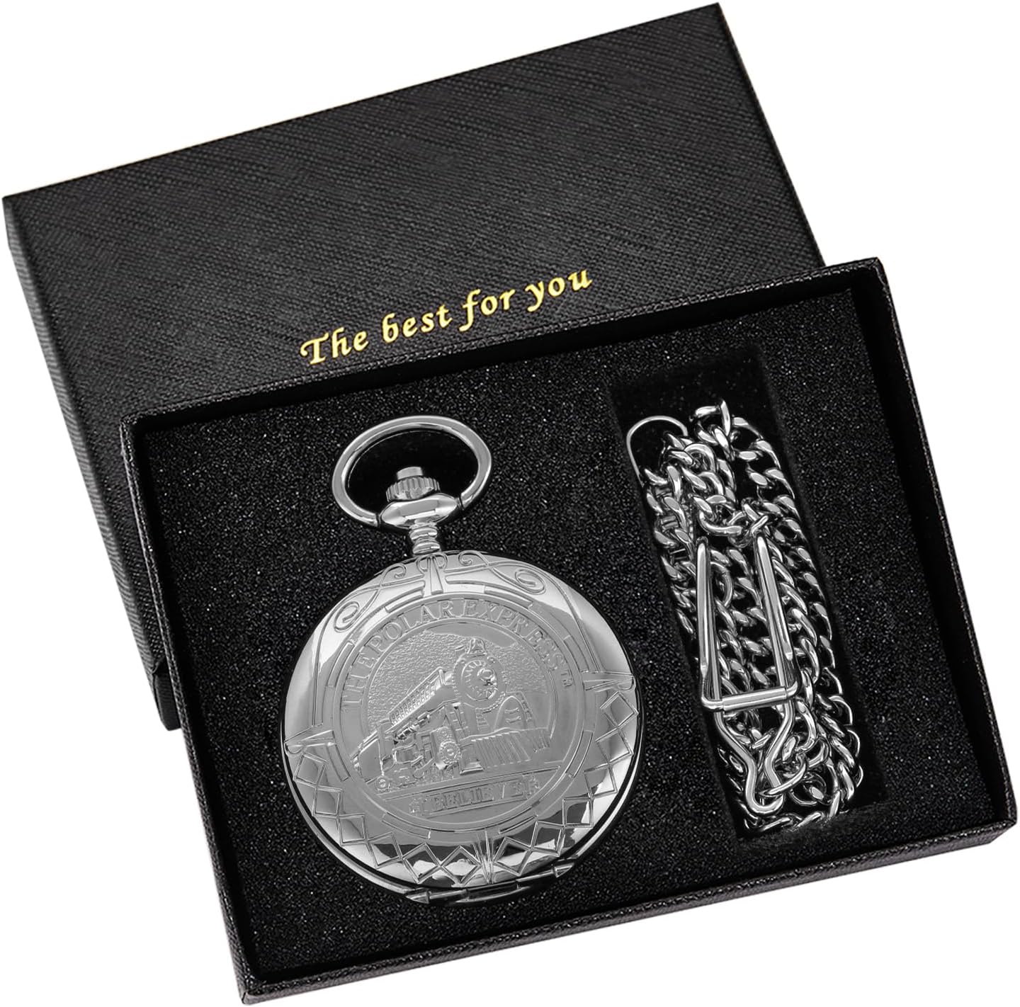 Classic Silver Mechanical Pocket Watch with Chain Box for Men | Classic Silver, Mechanical Pocket Watch, Roman Numerals, Pocket Watch with Chain Box for Men, Birthday Christmas Gift