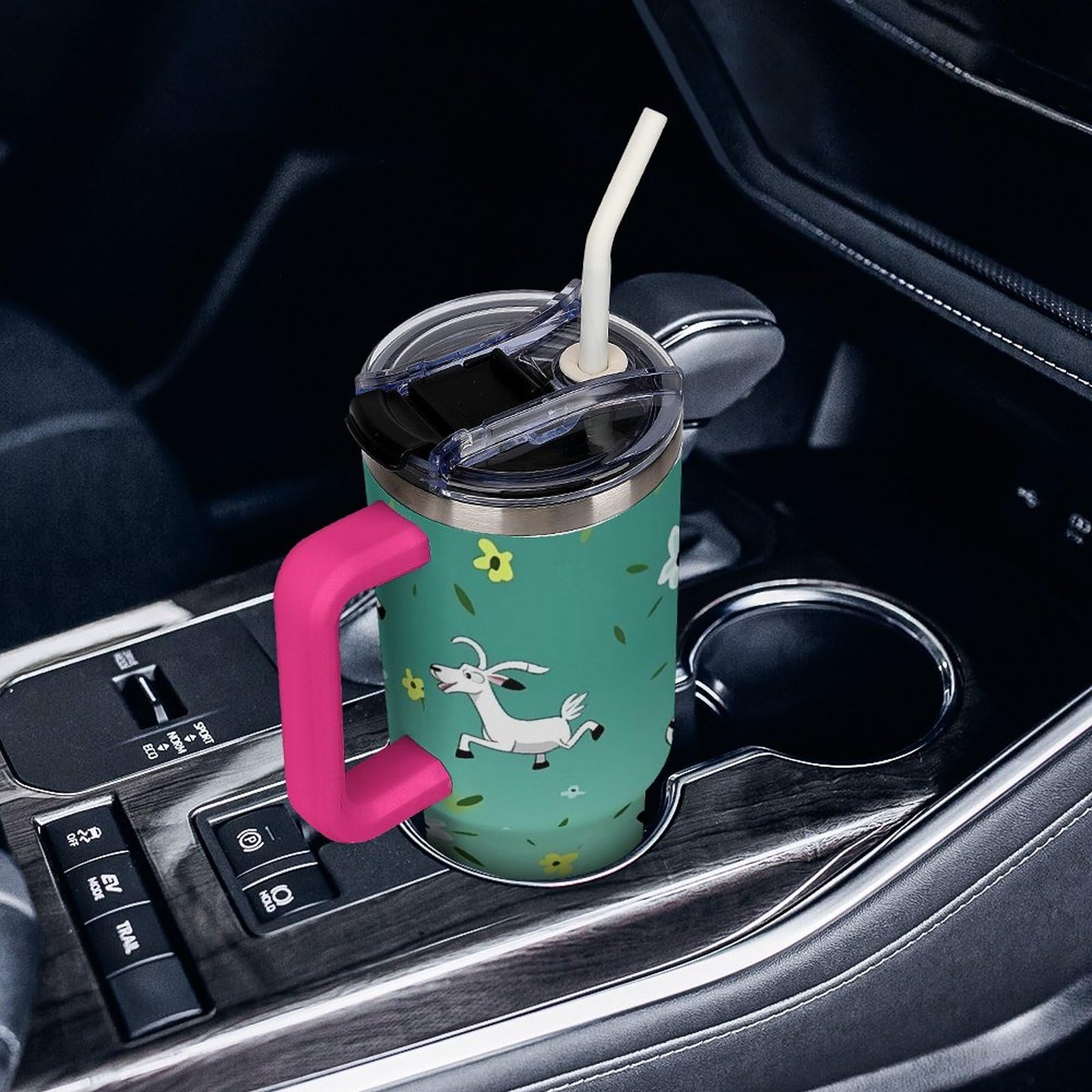Autobecher aus 304 Edelstahl, 1,2 l, Ziegenfrolic Tumbler mit Strohhalm und auslaufsicherem Deckel, großes Fassungsvermögen, vakuumisolierter Reisebecher für Auto-Becherhalter