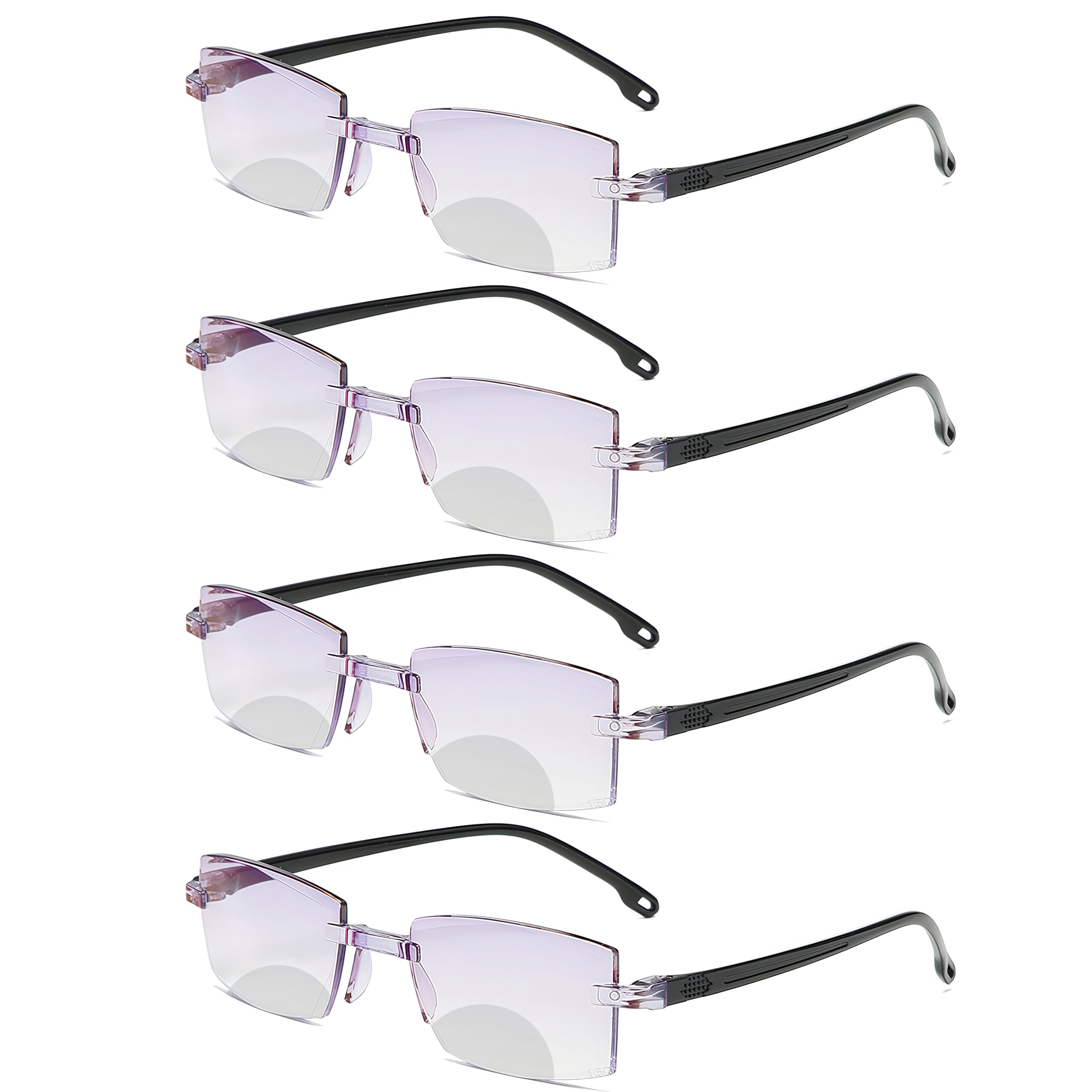 4 Pack Bifocal Reading Glasses for Men and Women Rectangle MultiFocal Readers Lightweight Rimless Frame (BLACK, 1.5, x)
