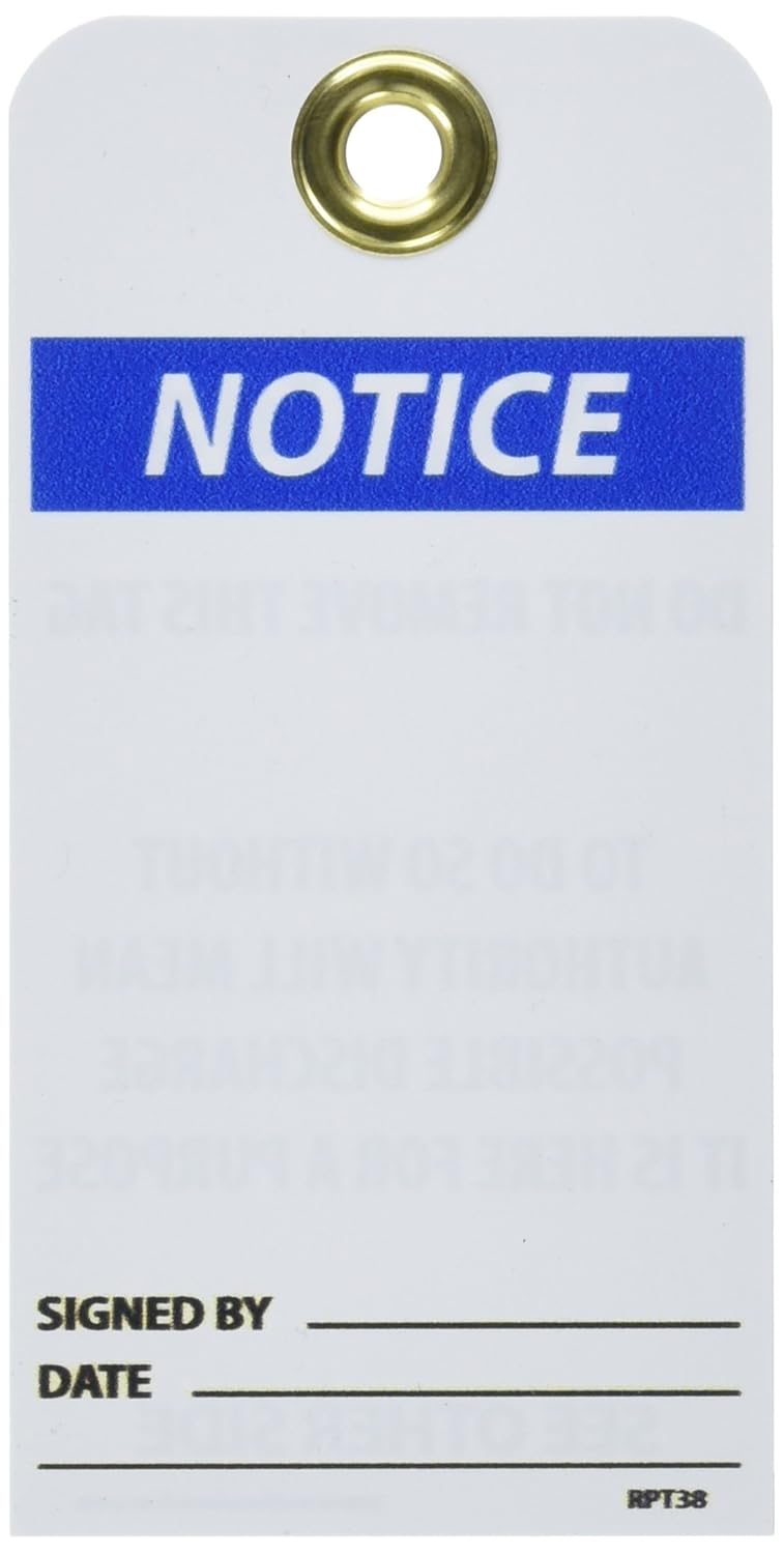 NMC RPT38G "Notice" Accident Prevention Tag with Brass Grommet, Unrippable Vinyl, 3" Length, 6" Height, Black/Blue on White (Pack of 25)