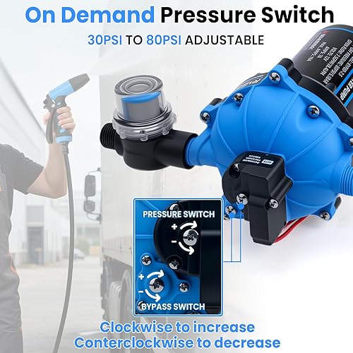 Miniatura 5 de Bomba de agua RV de 12 V, bomba de diafragma de 5 cámaras de 7.5 GPM 80PSI, autocebante con interruptor de presión resistente y colador para RV,