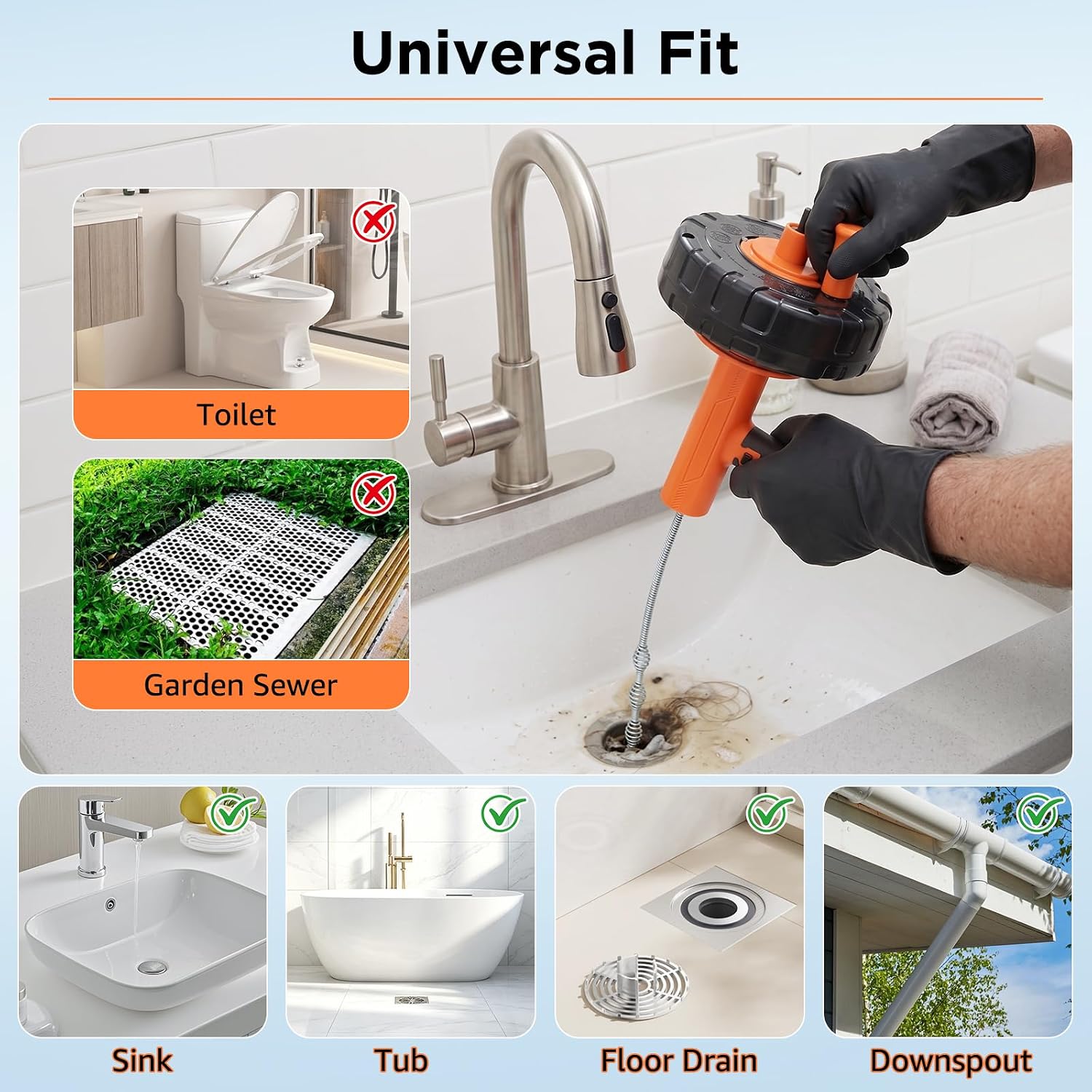 33FT Drain Auger with Drill Adapter | Manual & Electric Powered,Flexible Steel Spring Head,for Kitchen Sink Bathroom Shower & Tub