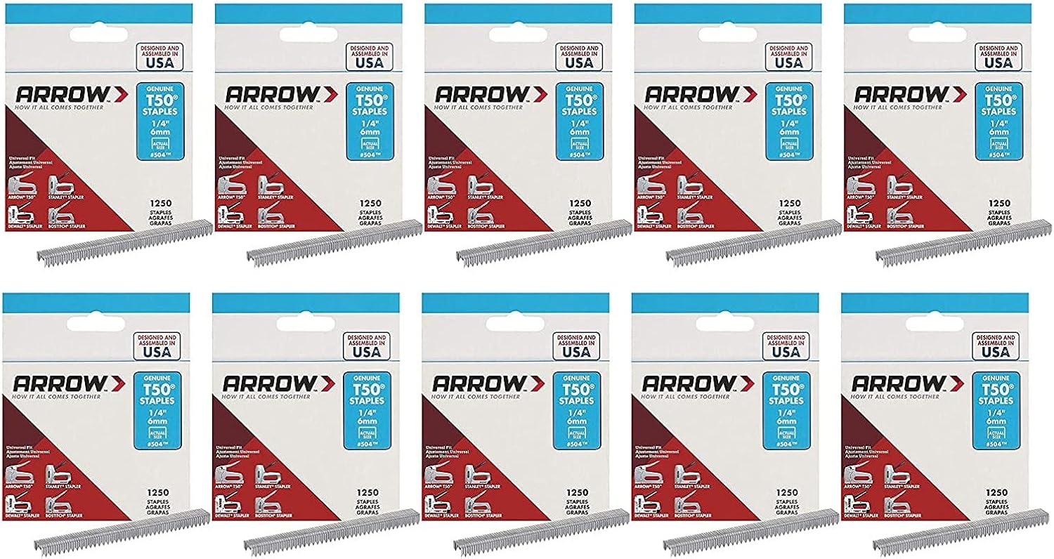 Arrow Fastener T50 3/8 in. W x 1/4 in. L 18 Ga. Wide Crown Heavy Duty Staples 1250 pk, Case of 2, Pack of 5 (Total of 10 Pack)