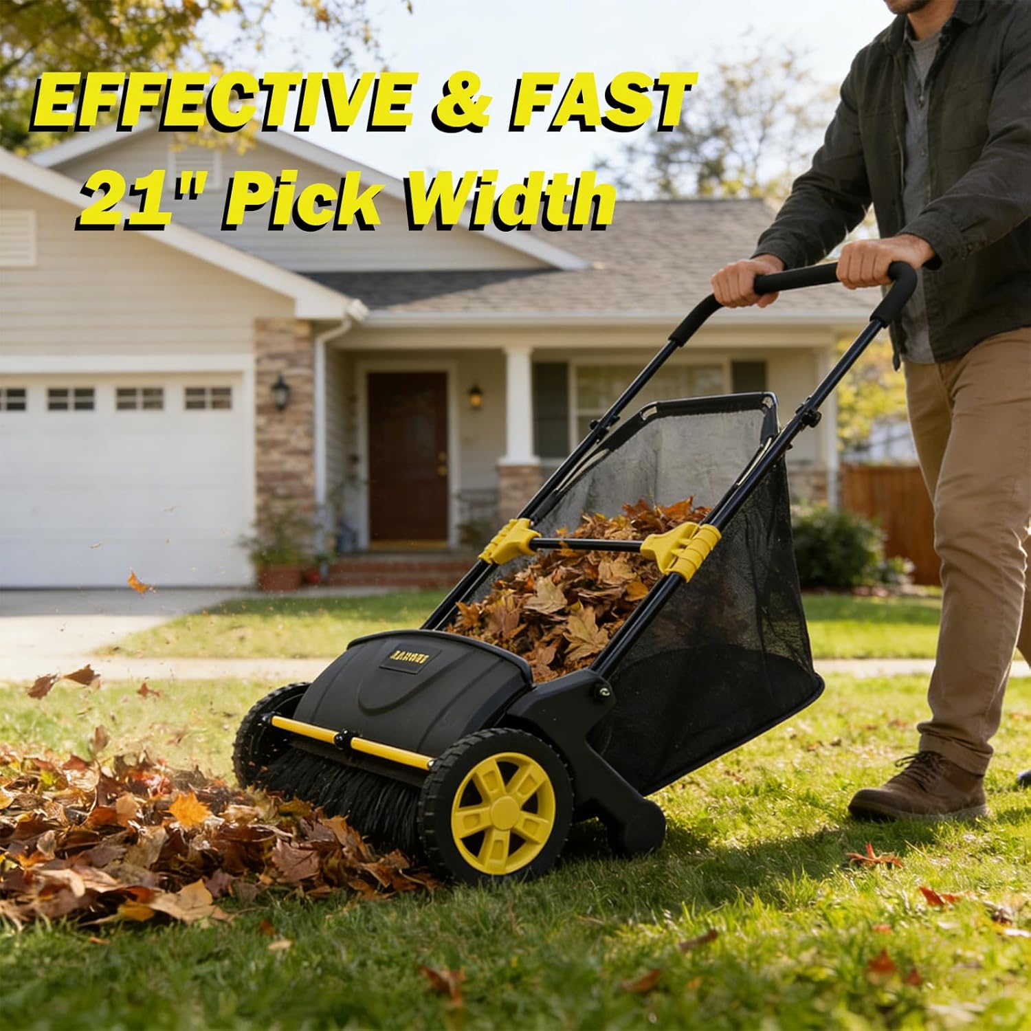 Push Lawn Sweeper, 21-Inch Width, 3.5 Cu. Ft. Hopper Capacity, 4 Spinning Brushes, Adjustable Height, Durable Steel Frame with Rubber Wheels, Yellow
