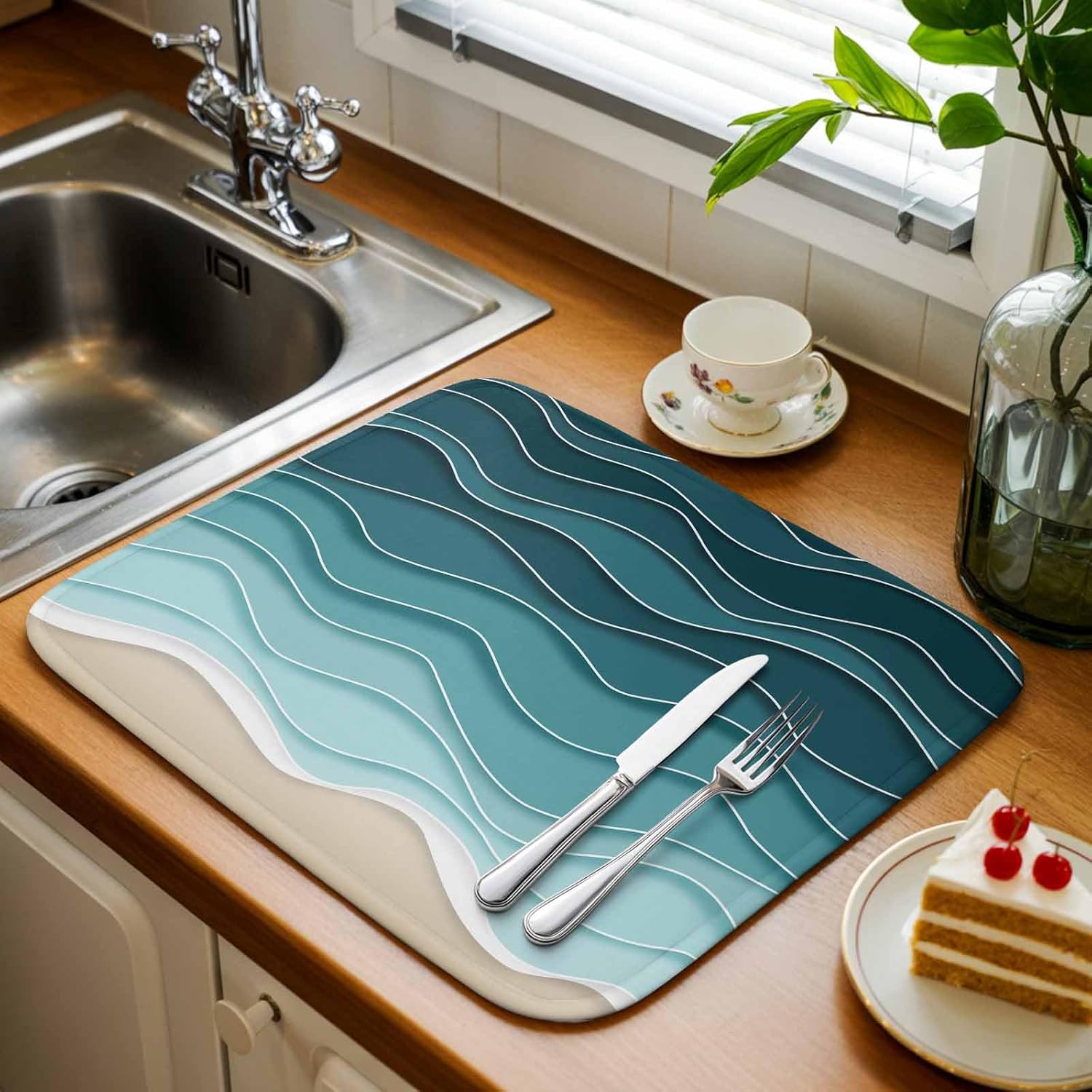 Turquoise Beige Ombre Dish Drying Mat 18 x 24 Inch, Ocean Waves Coastal Absorbent Microfiber Coffee Mats for Kitchen, Modern Moire Abstract Art Quick Drying Dish Drainer Pad 1 Pack