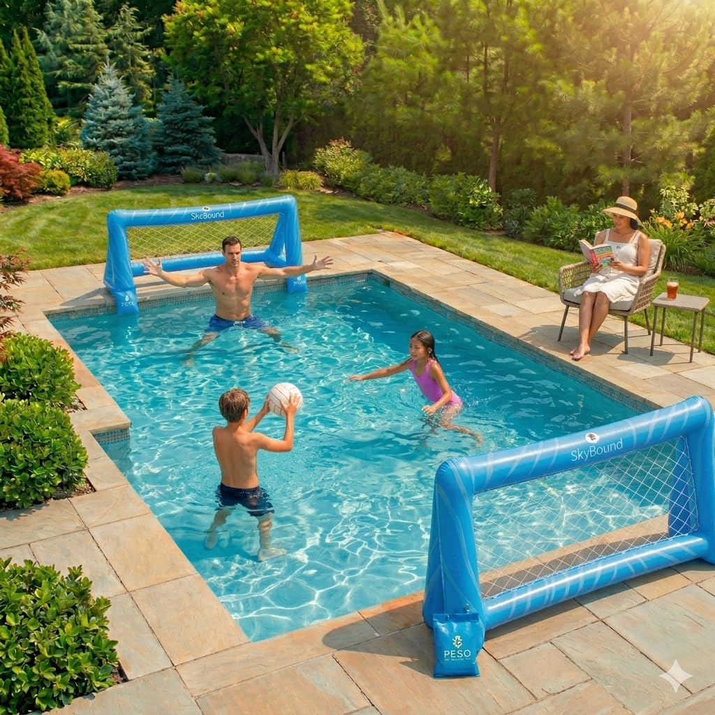 SkyBound Set 2 Porte Gonfiabili da Pallanuoto: Il miglior gioco in piscina per bambini - Porta da calcio acquatico con 4 zavorre e palla - Ideale per l'estate e feste in giardino - Pack da 2.