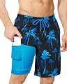 SURF CUZ Mens Swim Trunks with Compression Liner Swimming Shorts 2 in 1 Stretch Quick Dry Zipper Pockets, Ocean Palm|L