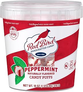 Red Bird Soft Peppermint Puffs Candy, Individually Wrapped Gluten-Free Breath Mints, 18 oz Tub - Handcrafted Melt-in-Mouth