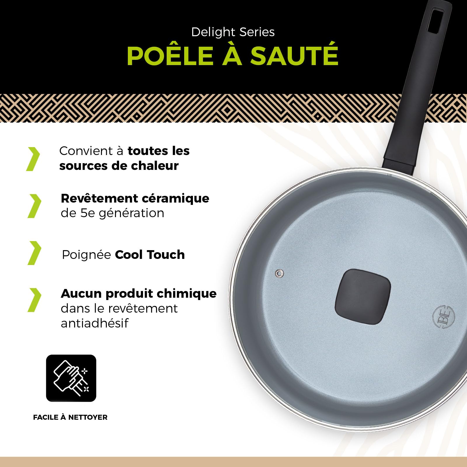 BE Living Poêle Sauteuse avec Couvercle - Ø 28 cm, Bord Haut, Revêtement Céramique Antiadhésif, Induction, Sans PTFE et PFOA, Noir