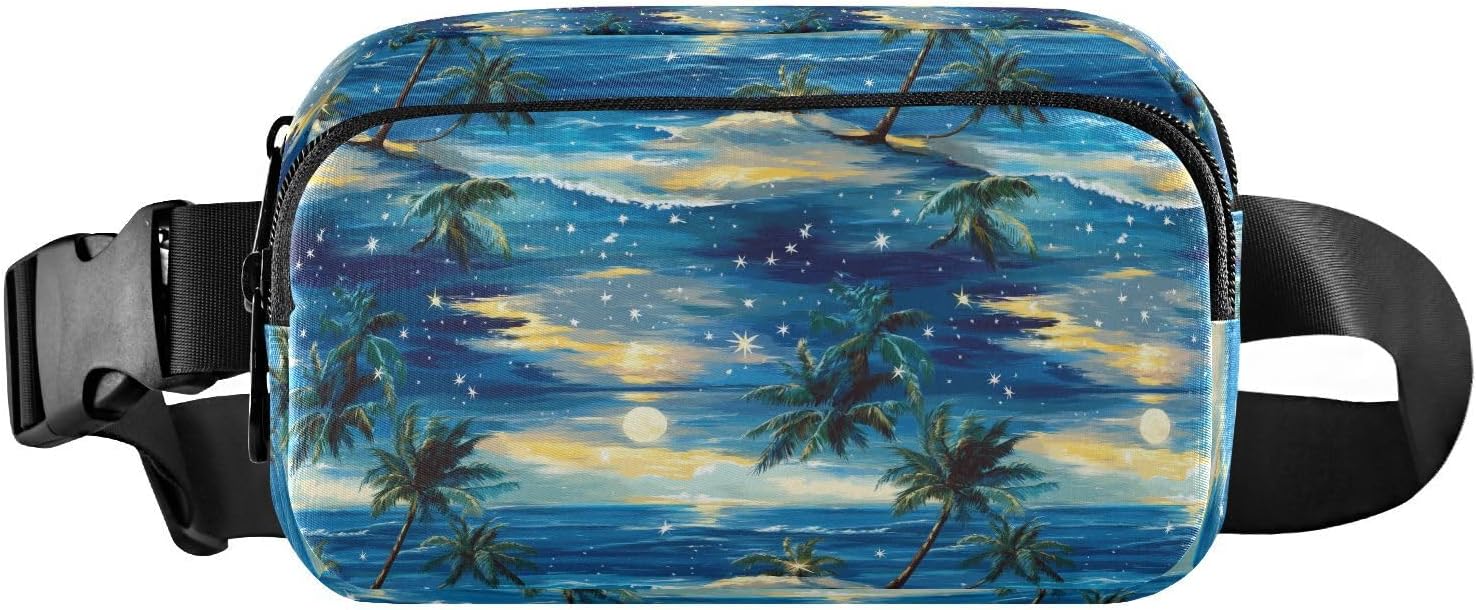 Beach Scenery Coconut Trees Stars Ocean Fashionable Fanny Pack Waist Bag for Men Women Water Resistant Belt Bag with Adjustable Strap for Travel Running Hiking