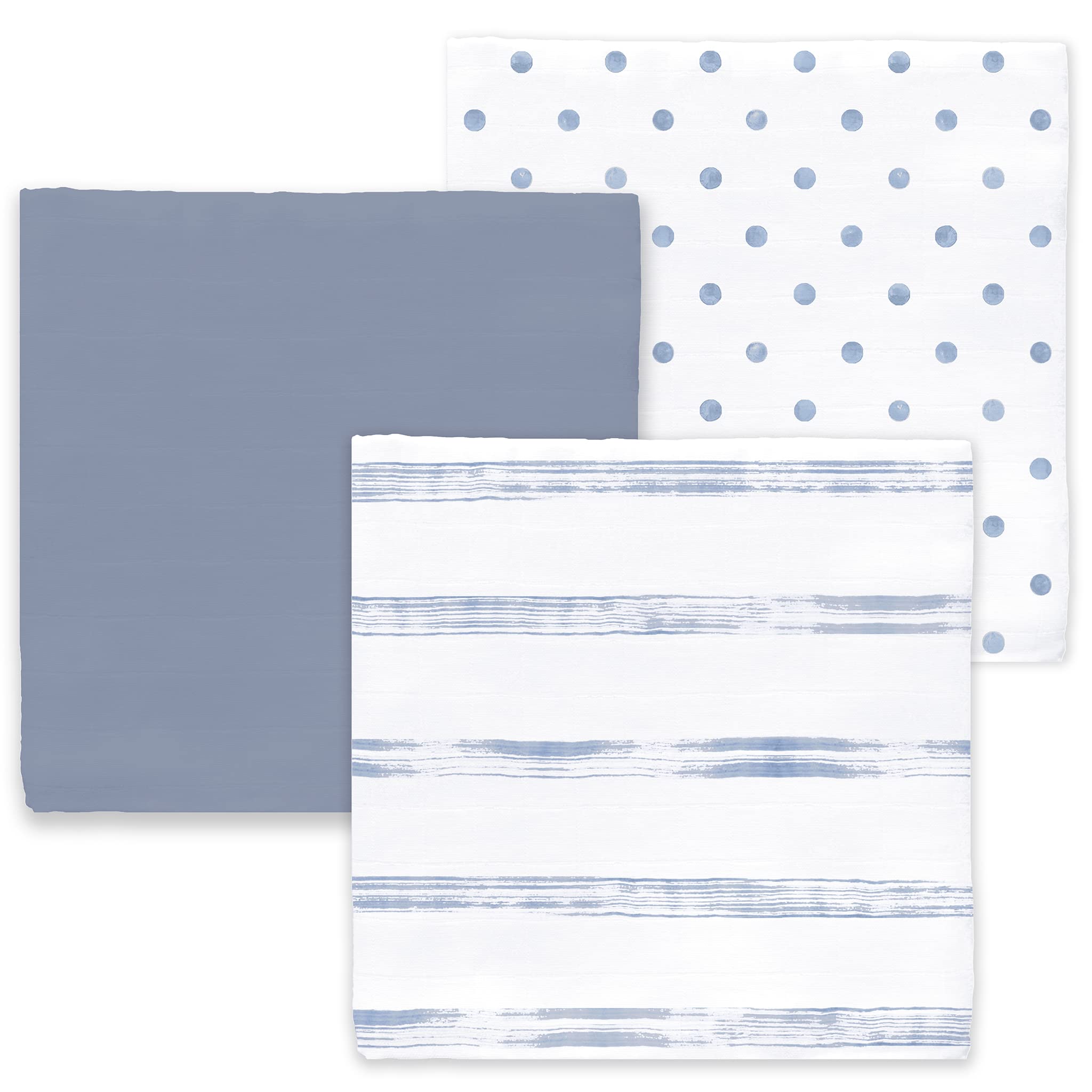 Amazing Baby Cotton Muslin Swaddle Blankets, Set of 3, Watercolor Brushstrokes, Denim, XLarge 46x46 inches
