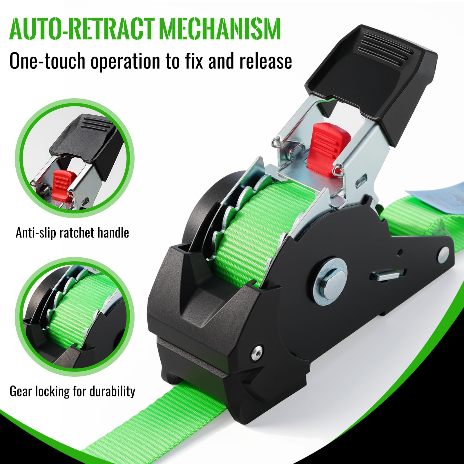 Automatik Spanngurt, 3 m x 25mm, 300 daN | 748 kg Bruchlast, 8 Stück | Selbstaufrollende Spanngurte, Ratschengurt mit S Haken, Zurrgurt für Anhänger, Motorrad, Fahrrad Mehr, Grün