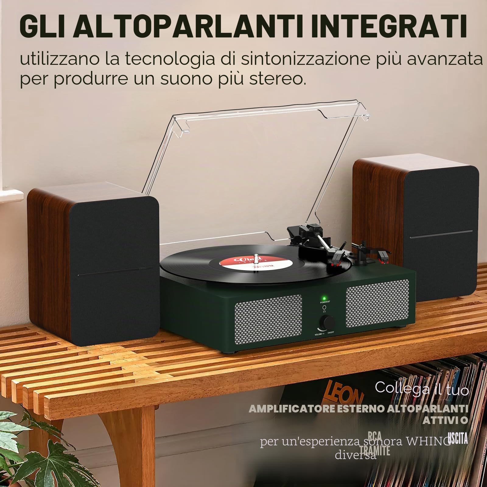 Udreamer Giradischi Bluetooth con Altoparlanti Integrati, Fonografo Vintage 3 Velocità, Verde